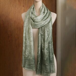 Elegant Jacquard Silk Scarf | Sage Green | Floral Damask | New Without Tag